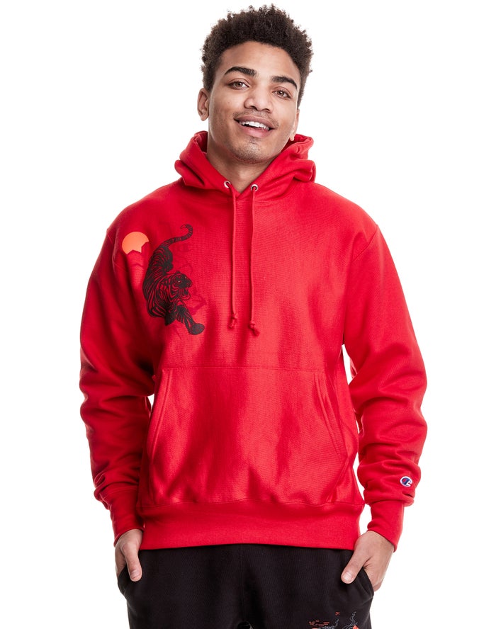 Champion Reverse Weave Sprawling Tiger Hoodie Heren - Rood - Belgie 9630YHUMW